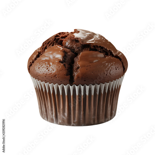 Delicious chocolate muffin with cracked top and white wrapper on transparent background