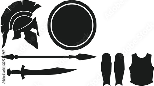 Canvastavla Ancient Greek Hoplite Armor Vector Set with Corinthian Helmet Aspis Shield Dory