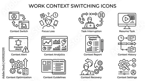 Set of Work Context Switching Line Icons Illustrating Productivity Challenges.