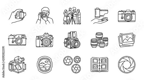 Quadro su tela Photography Icons Set: Cameras, Film, Lenses, Photos, and Photographers Line Art