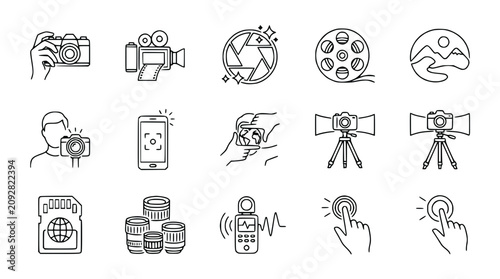 Cuadro en lienzo Photography and Videography Icons Set: Camera, Lens, Tripod, SD Card, Film Reel,