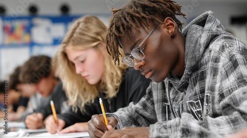 Dedicated students engaged in deep focus during a classroom test or study session