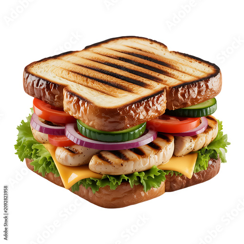 Grilled chicken sandwich with cheese, lettuce, tomato, onion, and cucumber on toasted bread on transparent background