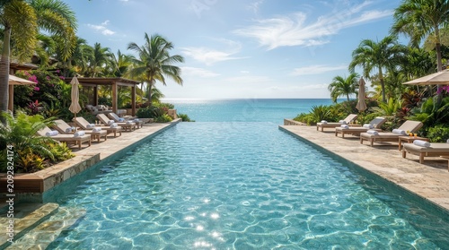 Luxurious large infinity pool overlooking the ocean at a Caribbean resort.