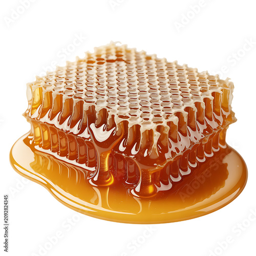 Honeycomb with golden honey dripping from the cells on transparent background