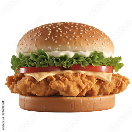 Crispy fried chicken sandwich with lettuce, tomato, and sauce on sesame seed bun on transparent background