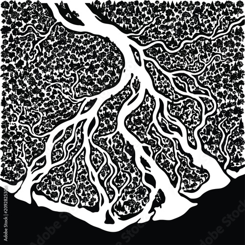 Bild auf Leinwand Black and White Abstract Tree Roots Branching Vein Pattern with Organic Texture