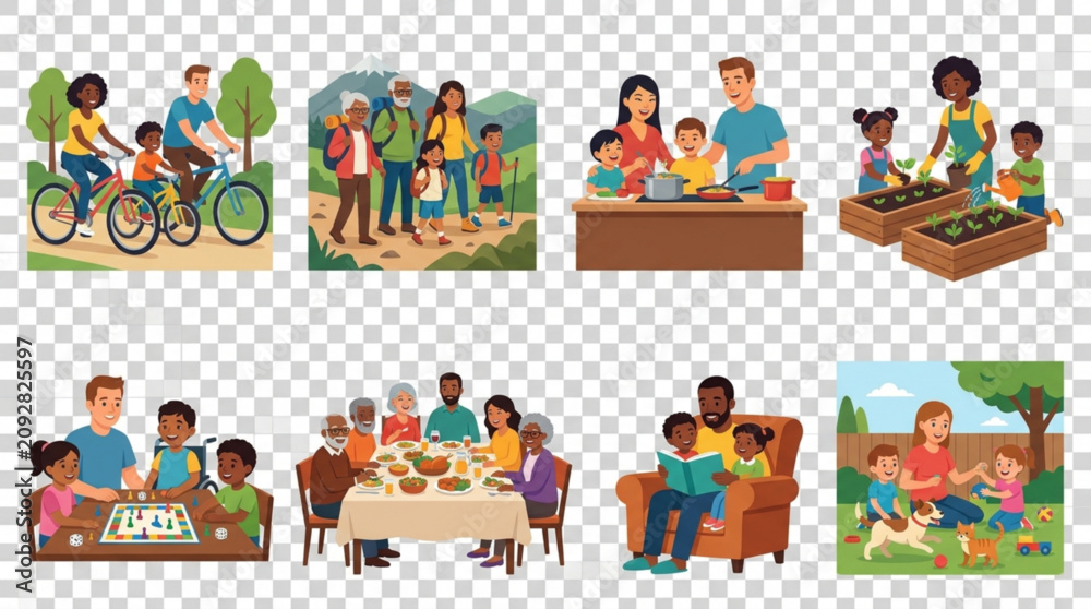 Fototapeta premium Diverse multi generational family activities and daily life scenes collection featuring inclusive illustrations of people bonding together in various settings