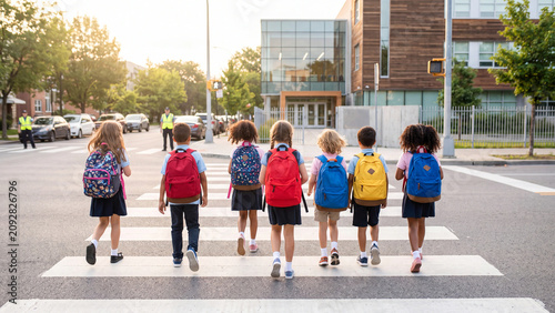 Schoolchildren wearing colorful backpacks walk across a city crosswalk on their way to school near a modern educational building.