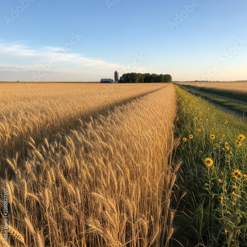 Golden wheat field under clear blue sky at sunset.