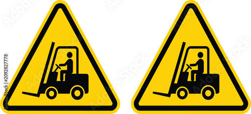 Yellow triangular warning signs featuring black forklift truck symbols as a flat vector on transparent background