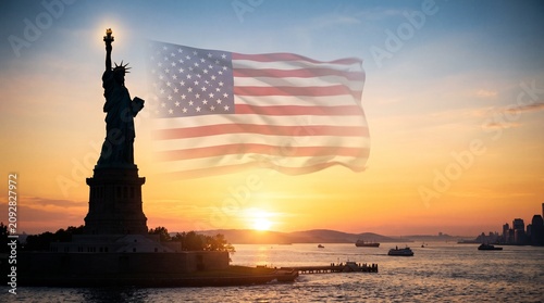 Statue of Liberty with a large american flag and sunset sky on background