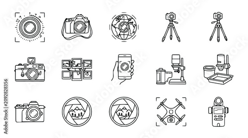 Canvastavla Photography Icons Set: Camera, Tripod, Drone, Globe, Smartphone, Darkroom Equipm