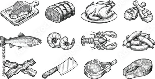 Detailed sketch set of assorted meat and seafood products presented as a vector on transparent background