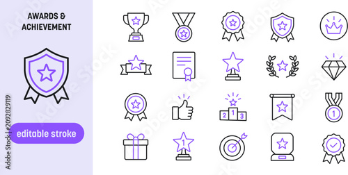 Awards and Achievement Line Icon Set, Success Trophy and Business Reward Symbols with Editable Stroke