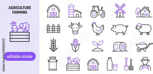 Agriculture and farming line icon set. Minimalist agribusiness icons including tractor, barn, cow, chicken, windmill, crops, and farmer. Editable stroke vector illustration.