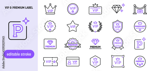 VIP and premium label line icon set. Vector illustration of outline exclusive membership badges, editable stroke.
