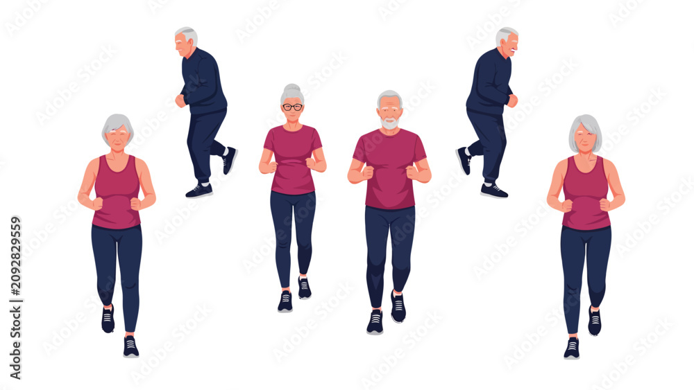 Obraz premium Group of active senior people jogging and walking, promoting healthy lifestyle and fitness in old age.