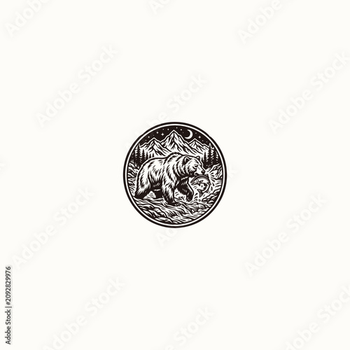 Bear Catching Salmon Vintage Woodcut Style Wilderness Emblem