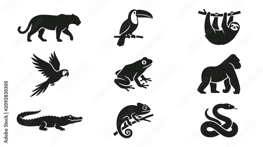 Obraz premium Black silhouettes of various wild animals.