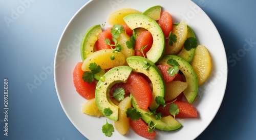 Fresh avocado and tomato salad on white plate.