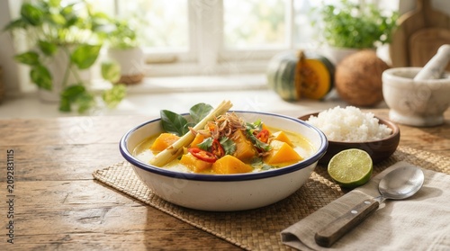 Sayur labu kuning, an Indonesian pumpkin coconut curry soup with lemongrass and lime.