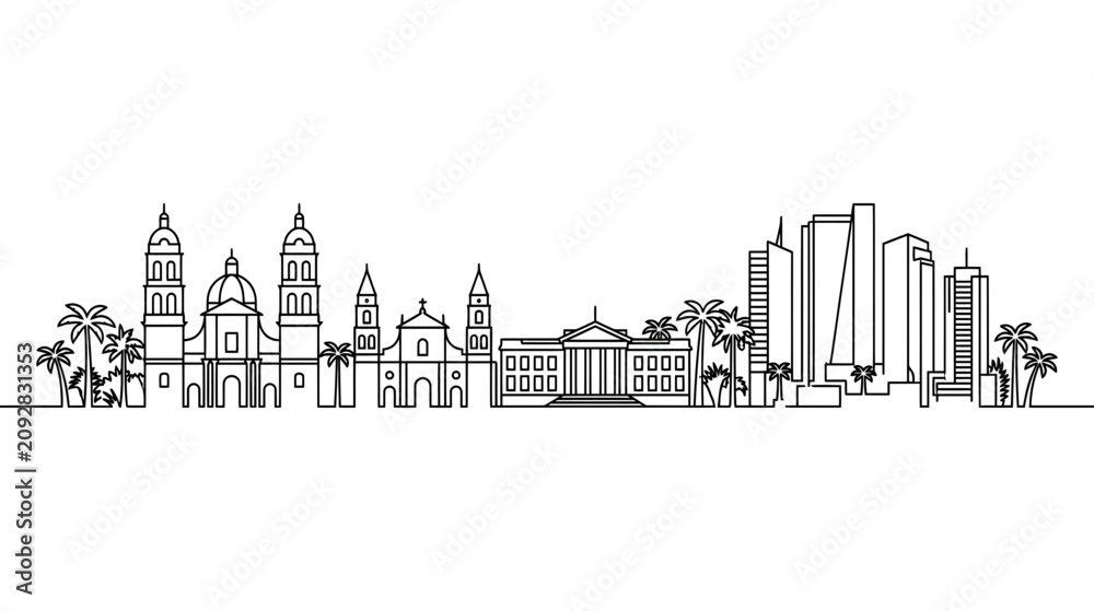 Obraz premium Modern City Skyline with Historical Buildings and Palm Trees