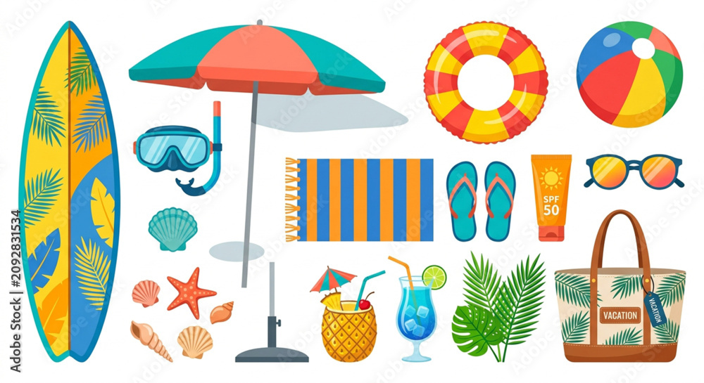 Fototapeta premium Beach, summer, vacation, icons, 25 elements, vector, colorful, tropical, resort, travel