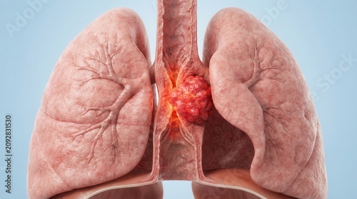 Medical diagram showing the impact of esophageal cancer on the lungs and thoracic cavity.
