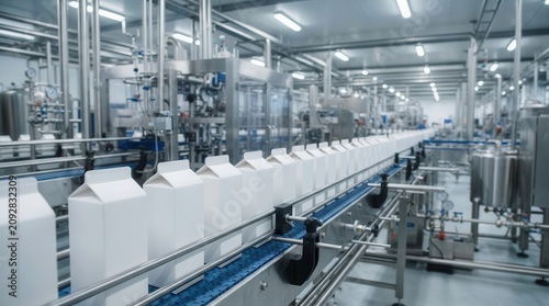 White milk cartons on a conveyor belt within a professional dairy factory setting.