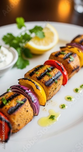 Grilled vegetable and meat skewers on white plate.
