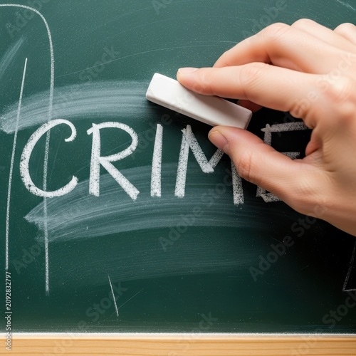 Hand erasing the word crime from a chalkboard.