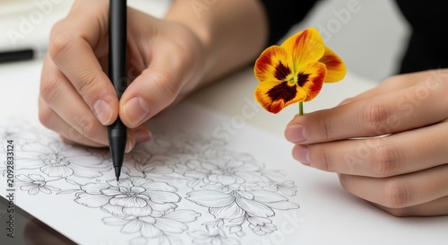 Hands sketching flower with black pen on paper.