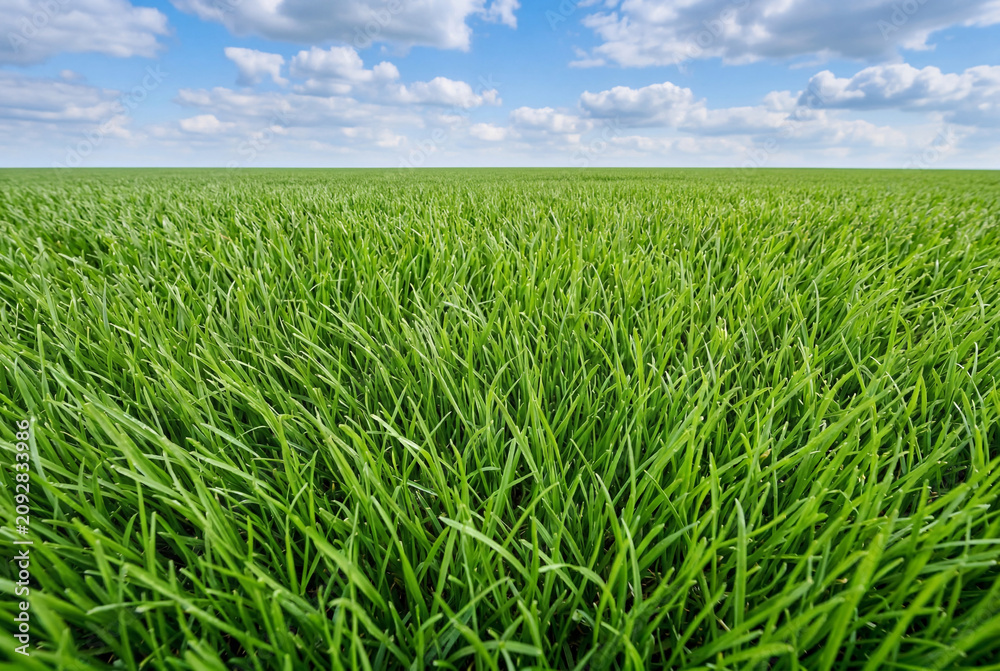 Obraz premium Lush green grass field under blue sky with white clouds