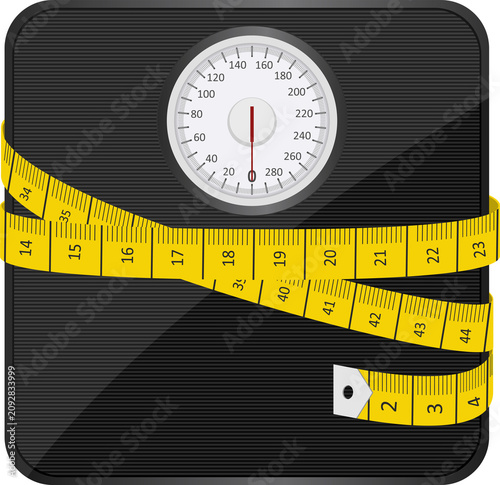 Принти на полотні Weighing scale and yellow measuring tape for weight loss, diet, fitness, and bod