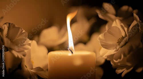 A peaceful close-up of a glowing candle flame surrounded by delicate white flowers in a dimly lit serene atmosphere