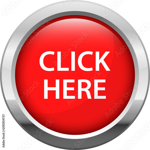 Obraz na płótnie Red click here button with metallic silver border, glossy web icon, isolated on