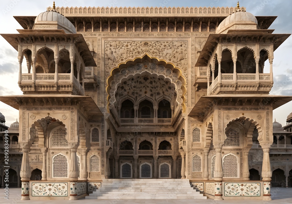 Obraz premium Intricate Indo-Islamic Palace Façade with Ornate Carvings and Symmetrical Architecture