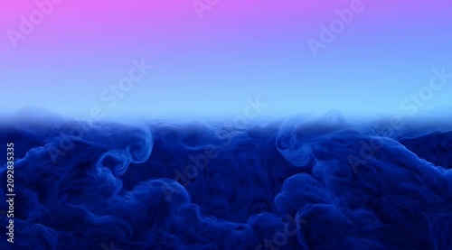 Abstract dark blue ink swirls in liquid, gradient atmosphere with pink horizon light, fluid texture motion