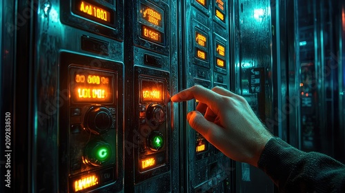 Futuristic Control Panel with Glowing Digital Displays and Human Interaction