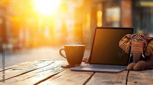 Laptop, Coffee Cup, and Elephant Toy on Wooden Table at Sunset