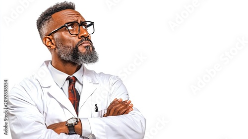 Thoughtful African American Doctor in White Lab Coat Looking Up