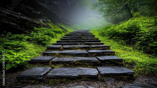 Stone Staircase Leading Through Misty Green Forest
