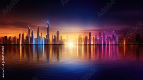 Vibrant Futuristic City Skyline at Sunset Over Water Reflection