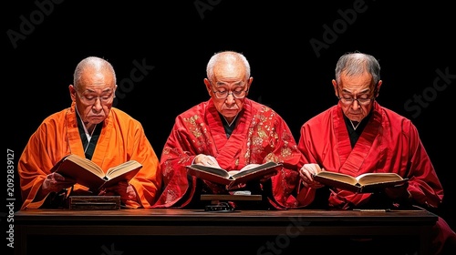 Three Buddhist Monks Reading Sacred Scriptures in Traditional Robes