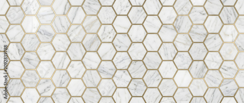 White marble hexagon mosaic tile pattern with elegant gold grout creating a seamless luxury background for premium interior surfaces