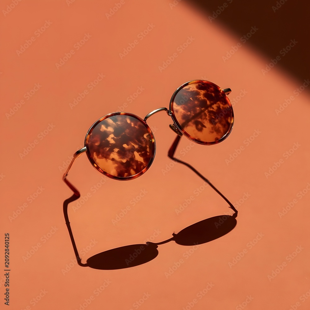Fototapeta premium Round Tortoiseshell Sunglasses Floating on Terracotta Background