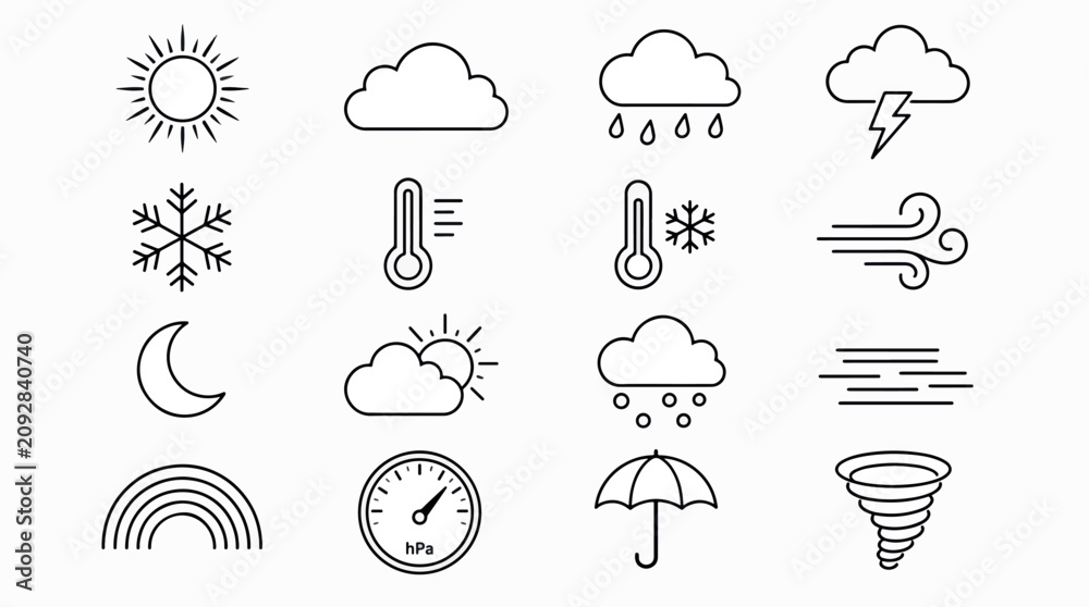 Obraz premium Collection of weather icons representing various meteorological phenomena like sun, clouds, rain,.