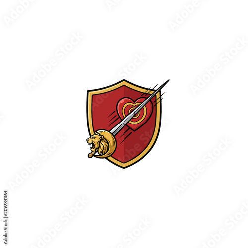 Schilderij op canvas Bold Red Shield With A Golden Border And A Central Heart Target Being Pierced By