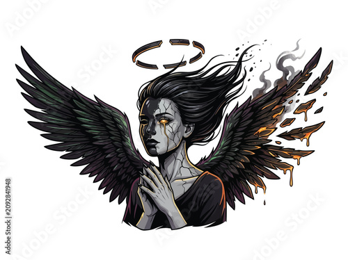 Konstfotografi Dramatic  Of A Fallen Angel With Cracked Ashen Skin, Tattered Black Wings With C